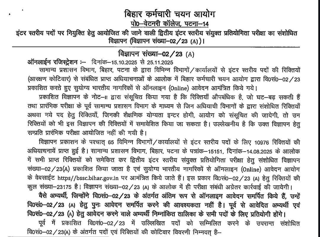 BSSC Inter Level Vacancy 2025 Official Notice